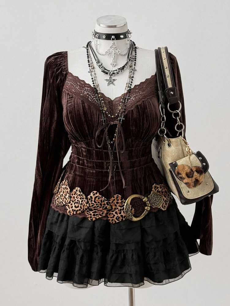 Vintage Fashion Events - Plus-Size Women's Fashionable Vintage Lace-Panel Long-Sleeve