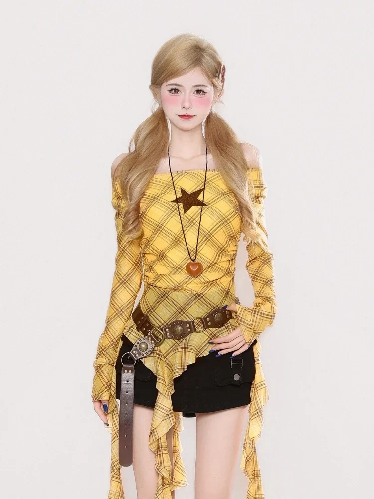 Y2K Plaid Slash Neck Vintage T – обзор и цена Vintage Fashion Women